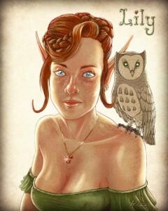  Lily is a half-elf Bard.  by Jayel Draco